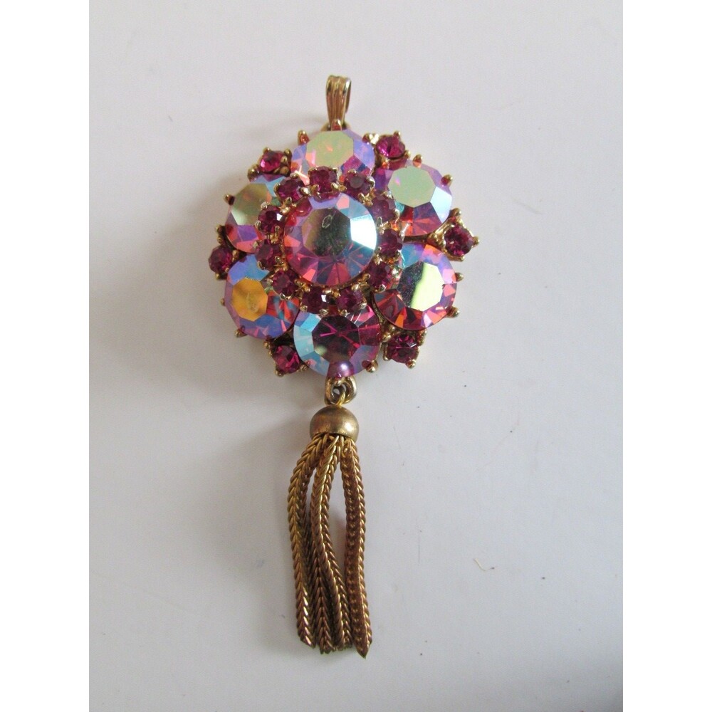 Jude Lee Vintage Gold Tone Pink Rhinestones Pendant with Tassel